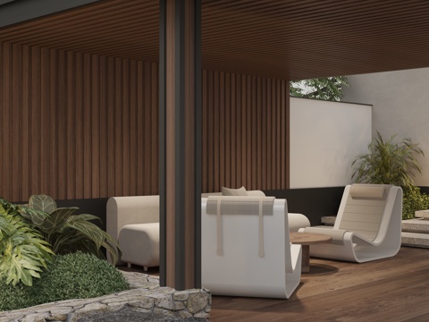  现代别墅庭院景观 景观廊架 金属木质廊架 户外休闲沙发组合3d模型 