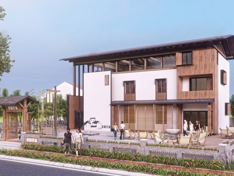 新中式民宿 木制 斜顶su模型