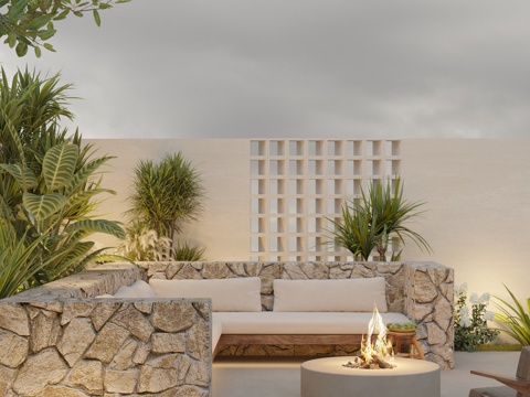  现代庭院花园 L型卡座 石材卡座软包 酒精火炉 单人休闲椅组3d模型 