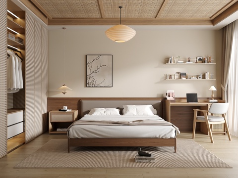 中古侘寂风卧室 双人床组合 床头柜 吊灯 绿植饰品摆件 背景su模型