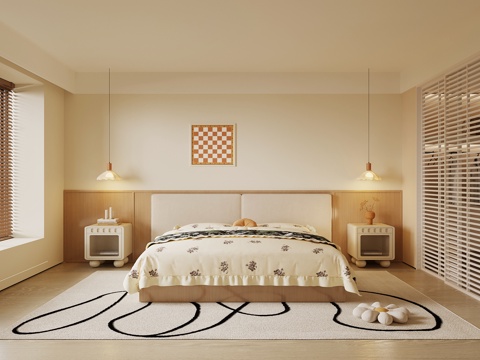 现代奶油风卧室 床 床头柜su模型