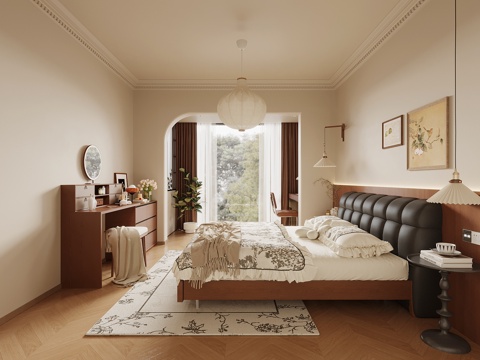 中古风卧室 主卧 双人床 床头柜su模型