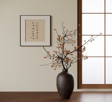 新中式花瓶花艺 插花花艺 挂画 陶罐花艺su模型