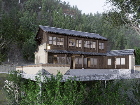 中式民宿建筑 木制 斜顶su模型