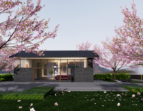 新中式乡村青砖民宿 斜顶su模型