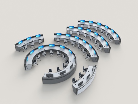 现代弧型办公桌 弧型指挥席 观摩席 指挥控制台 控制台 办公su模型