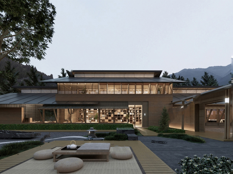 新中式民宿建筑 木制 斜顶su模型