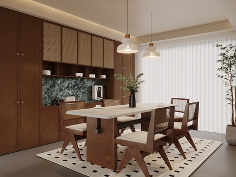  中古风餐厅 餐桌椅 酒柜3d模型 