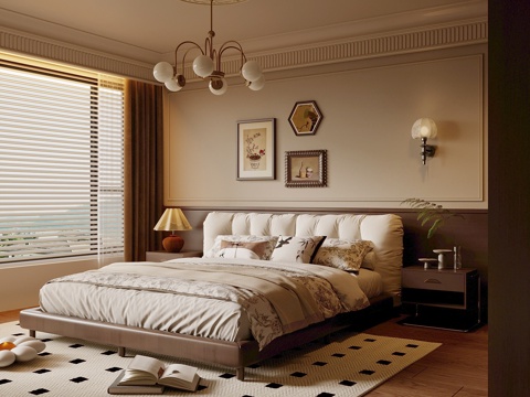 中古风卧室 主卧 双人床 床头柜su模型