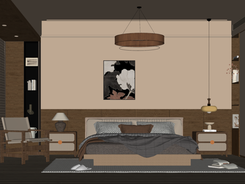 中古侘寂风卧室 双人床组合 床头柜 吊灯 绿植饰品摆件 背景su模型