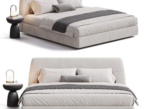 BOCA现代双人床 布艺双人床 台灯 床品 靠背双人床 白色su模型