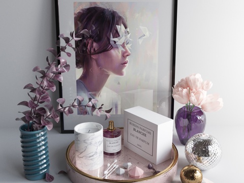 现代摆件组合 花瓶插花 化妆品挂画su模型