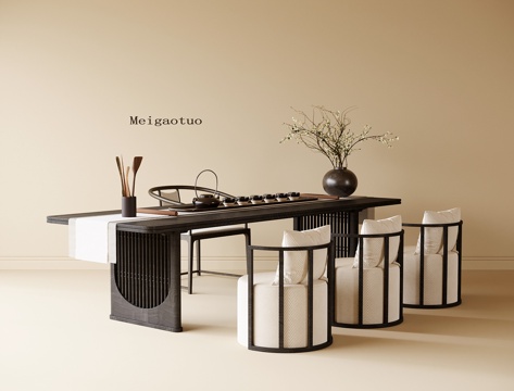 新中式茶桌椅 茶桌 茶椅 书桌椅 茶具su模型