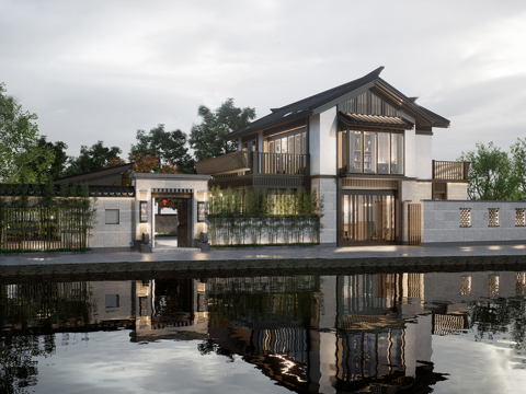 新中式乡村民宿 乡村别墅su模型