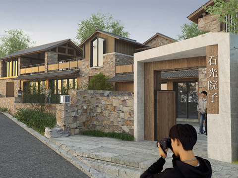 中式石头民宿 斜顶su模型