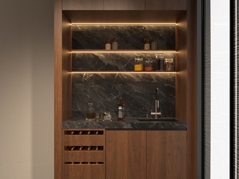 现代中古餐柜酒柜 三门西厨柜饰品 拼接红木木纹木皮 红酒摆件su模型