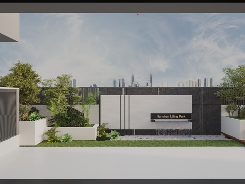  现代庭院花园 屋顶花园 景墙 流水景墙花池花卉组合3d模型 