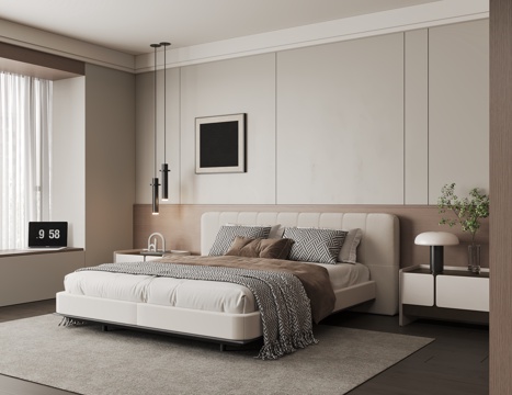 现代简约卧室 无主灯卧室 主卧 老人房 布艺双人床 床头柜su模型