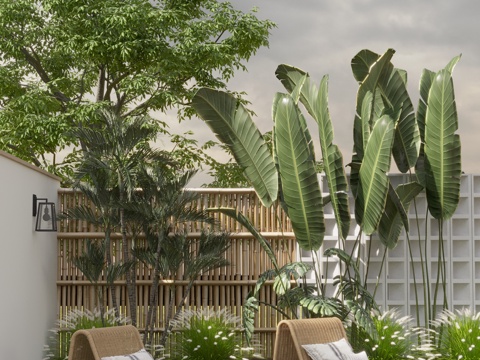 现代庭院花园 休闲椅 竹编躺椅 单人椅 竹篱笆围栏 围墙 混su模型