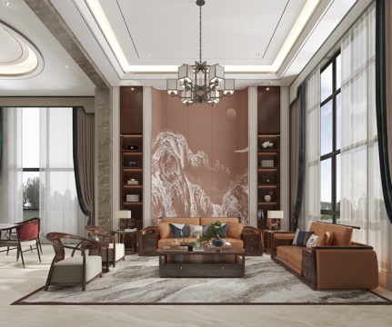  新中式别墅挑空客厅3d模型 