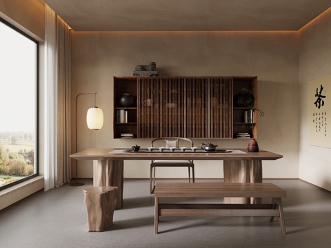 侘寂风茶室 茶桌椅 茶柜su模型