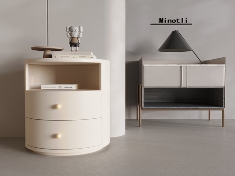 意式奶油风床头柜  实木抽屉床头柜su模型