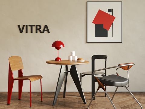 现代中古风餐桌椅 休闲桌椅 包豪斯餐桌椅   挂画su模型