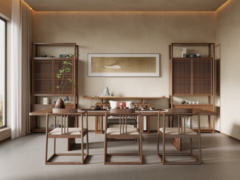 新中式茶室 茶桌椅 茶台 博古架su模型