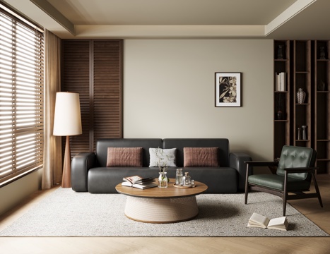 中古风客厅 沙发茶几组合 落地灯 装饰画 休闲椅 地毯 百叶su模型