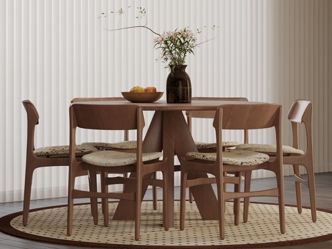 现代中古风餐桌椅 圆桌su模型