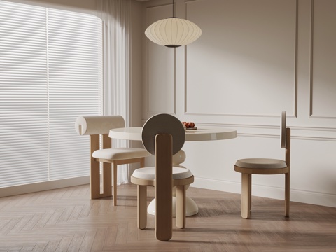 奶油风餐桌椅 圆桌su模型