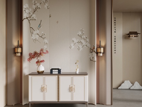 新中式玄关隔断 玄关柜su模型