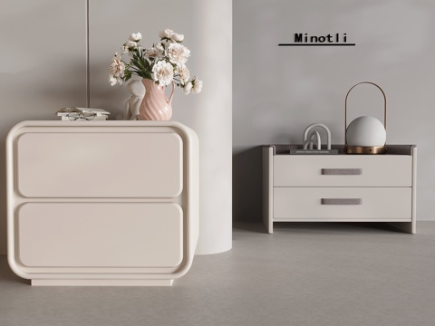 北欧奶油风床头柜  实木抽屉床头柜 摆件花瓶花艺su模型