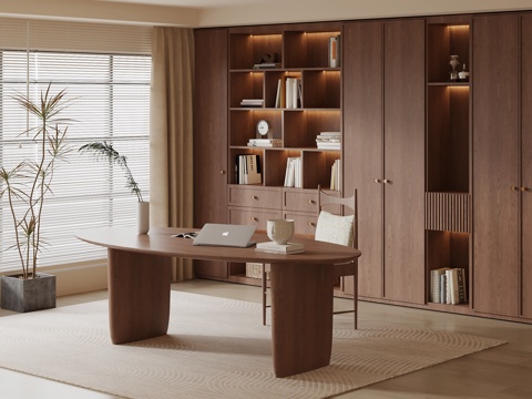 中古风书房 书柜 书桌椅su模型