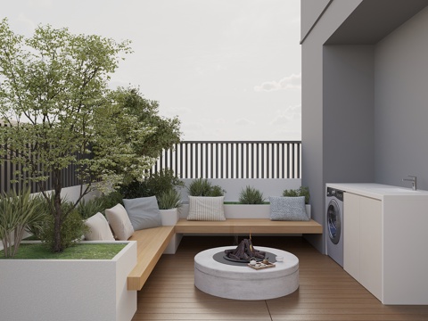  现代庭院花园 柚木木头卡座 转角卡座 圆形火炉茶几 户外洗衣3d模型 