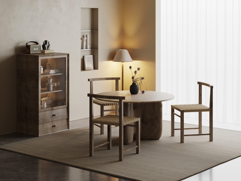 侘寂风餐厅 圆餐桌 餐边柜su模型