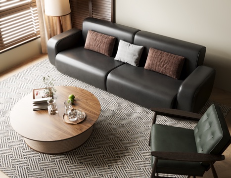 中古风沙发茶几组合 落地灯 休闲椅 地毯 百叶帘 摆件su模型