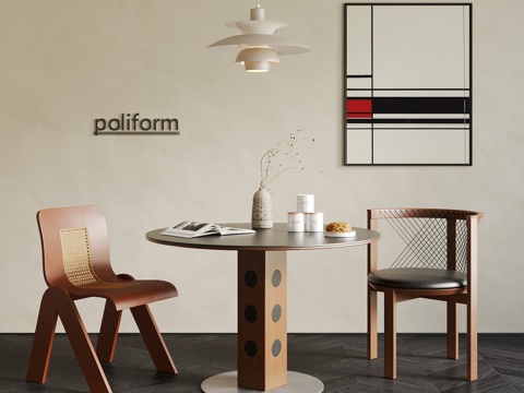 中古风餐桌椅组合 挂画 吊灯 餐桌摆件 圆桌 飞碟灯su模型