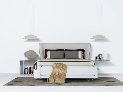  现代新中式双人床吊灯床头柜抱枕3d模型 