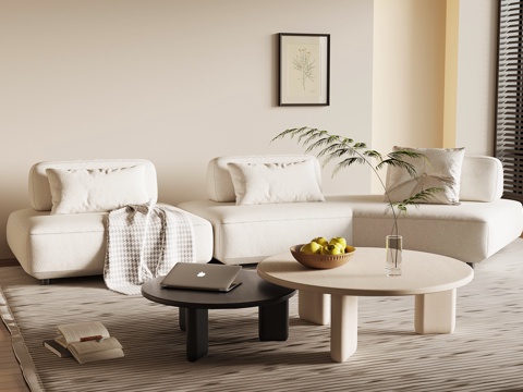 现代奶油风沙发茶几组合su模型