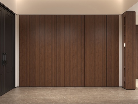 现代意式门厅墙板 咖色木纹过厅墙板 意式玄关格栅墙板 入户隐su模型