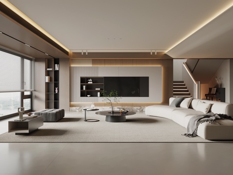 现代别墅客厅 电视背景墙 沙发茶几组合su模型