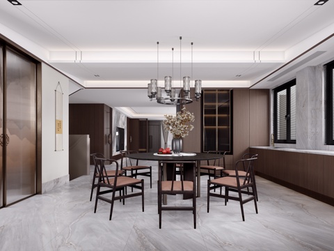  新中式餐厅 圆形餐桌 吊灯 异形吊顶3d模型 