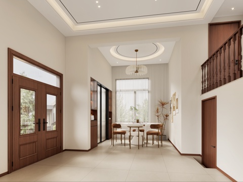  轻奢餐厅 现代酒柜 轻奢餐桌椅 奶油风吊灯 现代入户门3d模型 