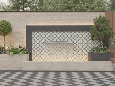  现代别墅庭院花园 花池绿植植物组团 庭院景墙 流水景墙组合3d模型 