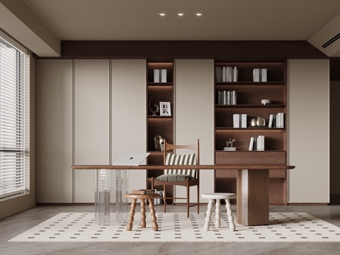 中古风书房 书柜 书桌椅su模型