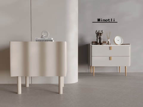 北欧奶油风床头柜 实木抽屉床头柜 香薰闹钟公仔摆件su模型