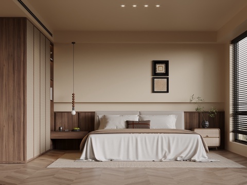 中古风卧室 双人床 衣柜su模型