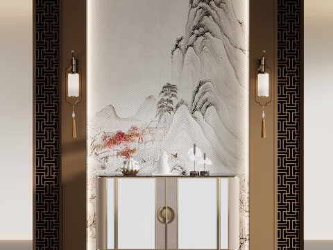 新中式玄关隔断 端景柜su模型