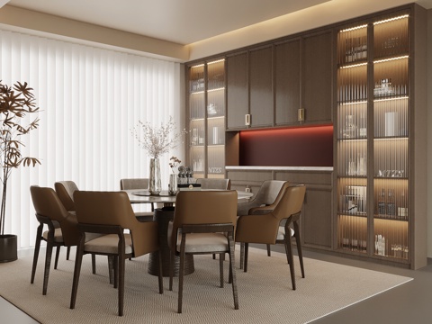  新中式餐厅 餐桌椅 餐边柜 酒柜3d模型 
